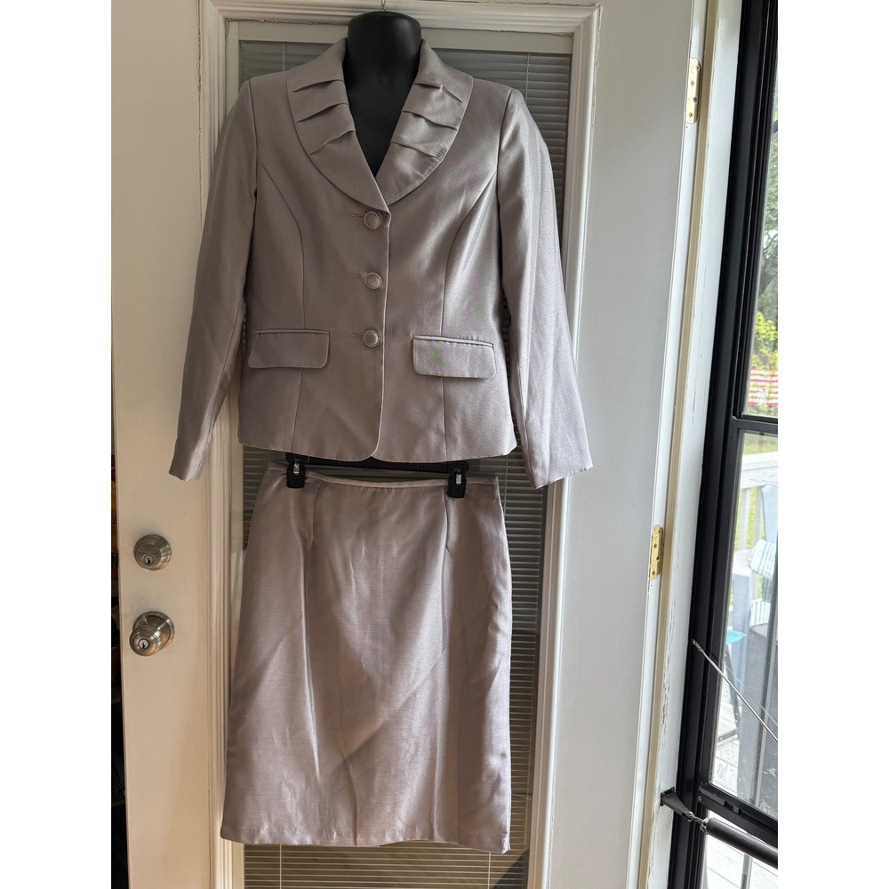 Danillo Skirt Suit Womens 6 Silver New 2 Piece Ruffle Jacket Pencil Skirt